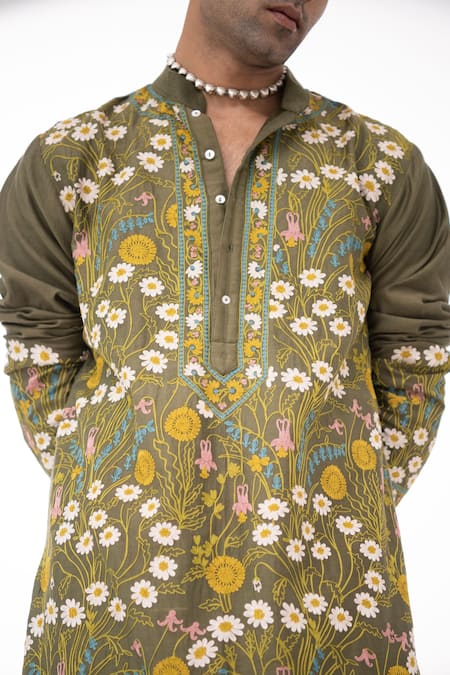 Buy_Wabi Sabi By Anshum-Ritesh_Green Chanderi Aari, Garden Embroidered Kurta Set _Online_at_Aza_Fashions