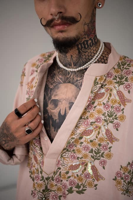 Wabi Sabi By Anshum-Ritesh_Beige Chanderi Bird, Cutdana, Floral, Sequin, Aari, Bead Embroidered Kurta Set _Online_at_Aza_Fashions