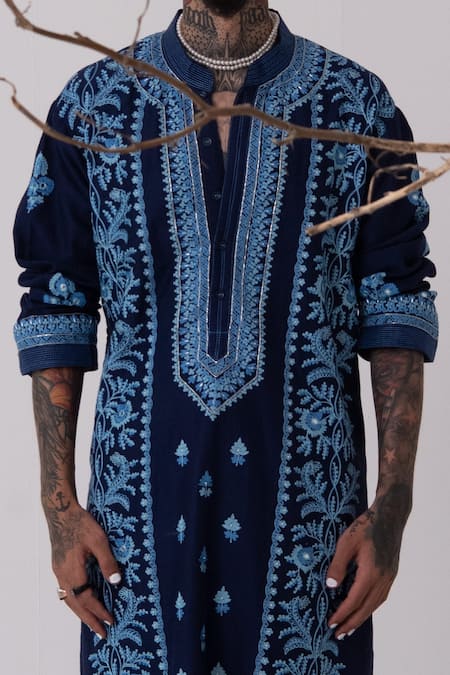 Shop_Wabi Sabi By Anshum-Ritesh_Blue Chanderi Cutdana, Floral, Sequin, Aari, Bead Embroidered Kurta Set _Online_at_Aza_Fashions