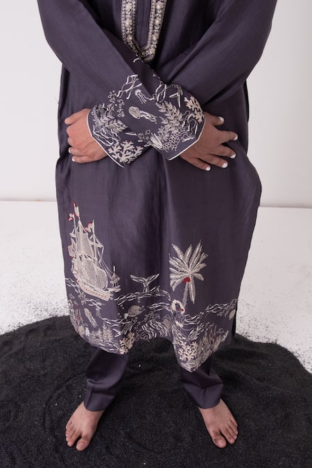 Buy_Wabi Sabi By Anshum-Ritesh_Grey Chanderi Cutdana, Sequin, Aari, Bead, Merry Mermaid Embroidered Kurta Set _Online_at_Aza_Fashions