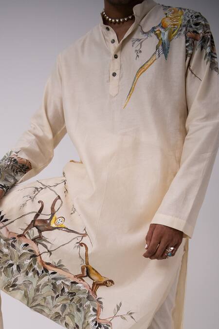 Shop_Wabi Sabi By Anshum-Ritesh_Ivory Chanderi Monkey Menance Hand Painted Kurta Set _Online_at_Aza_Fashions