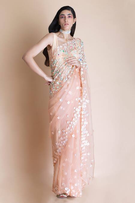Saksham & Neharicka Peach Chanderi, Shantoon, Silk Organza Saree Online at Aza Fashions Saksham & Neharicka_Peach Chanderi, Shantoon, Silk Organza Saree _Online_at_Aza_Fashions