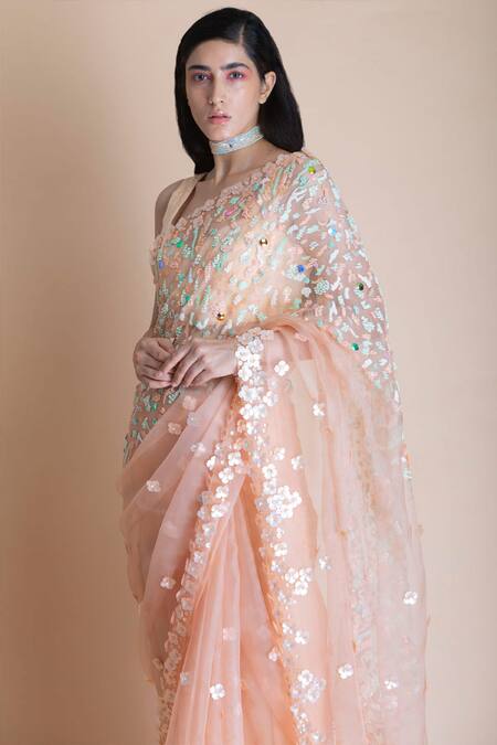Buy Saksham & Neharicka Peach Chanderi, Shantoon, Silk Organza Saree Online at Aza Fashions Buy_Saksham & Neharicka_Peach Chanderi, Shantoon, Silk Organza Saree _Online_at_Aza_Fashions