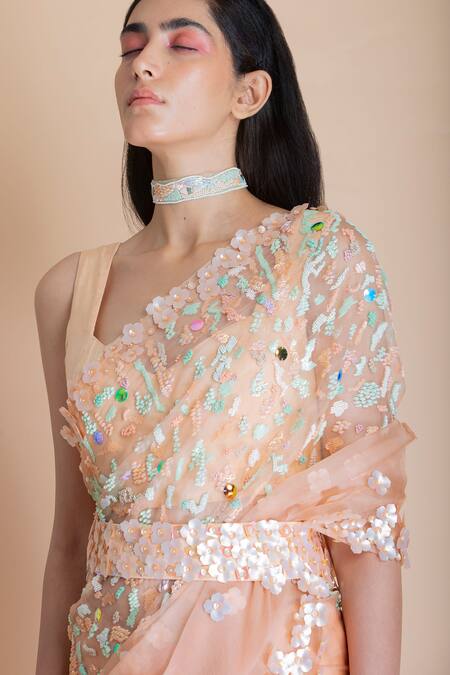 Shop Saksham & Neharicka Peach Chanderi, Shantoon, Silk Organza Saree Online at Aza Fashions Shop_Saksham & Neharicka_Peach Chanderi, Shantoon, Silk Organza Saree _Online_at_Aza_Fashions