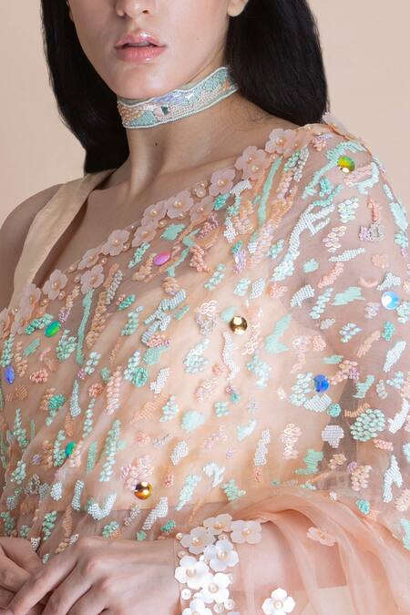 Saksham & Neharicka Peach Chanderi, Shantoon, Silk Organza Saree at Aza Fashions Saksham & Neharicka_Peach Chanderi, Shantoon, Silk Organza Saree _at_Aza_Fashions