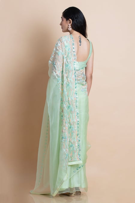 Shop Saksham & Neharicka Green Chanderi, Shantoon, Silk Organza Saree at Aza Fashions Shop_Saksham & Neharicka_Green Chanderi, Shantoon, Silk Organza Saree _at_Aza_Fashions