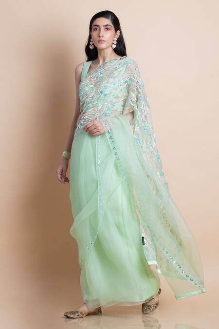 Saksham & Neharicka Green Chanderi, Shantoon, Silk Organza Saree Online at Aza Fashions Saksham & Neharicka_Green Chanderi, Shantoon, Silk Organza Saree _Online_at_Aza_Fashions
