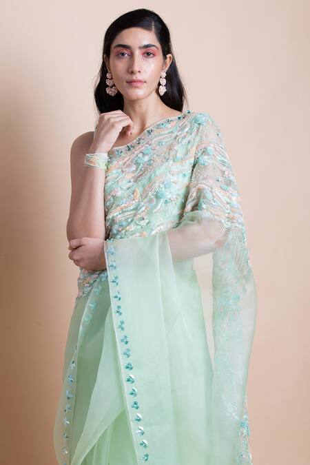 Buy Saksham & Neharicka Green Chanderi, Shantoon, Silk Organza Saree Online at Aza Fashions Buy_Saksham & Neharicka_Green Chanderi, Shantoon, Silk Organza Saree _Online_at_Aza_Fashions