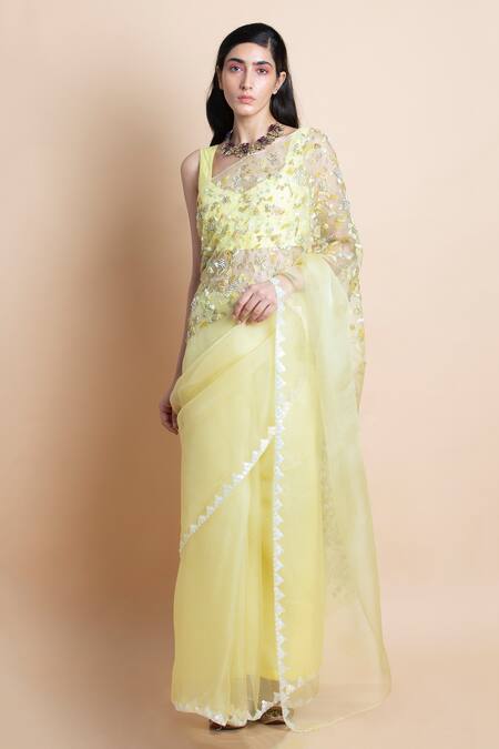 Saksham & Neharicka Yellow Chanderi, Shantoon, Silk Organza Saree Online at Aza Fashions Saksham & Neharicka_Yellow Chanderi, Shantoon, Silk Organza Saree _Online_at_Aza_Fashions