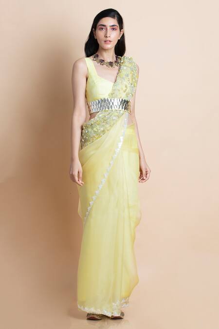 Buy Saksham & Neharicka Yellow Chanderi, Shantoon, Silk Organza Saree Online at Aza Fashions Buy_Saksham & Neharicka_Yellow Chanderi, Shantoon, Silk Organza Saree _Online_at_Aza_Fashions