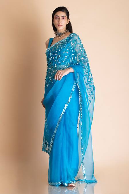 Saksham & Neharicka Blue Chanderi, Shantoon, Silk Organza Saree Online at Aza Fashions Saksham & Neharicka_Blue Chanderi, Shantoon, Silk Organza Saree _Online_at_Aza_Fashions