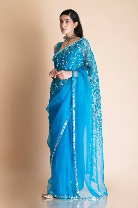 Shop Saksham & Neharicka Blue Chanderi, Shantoon, Silk Organza Saree Online at Aza Fashions Shop_Saksham & Neharicka_Blue Chanderi, Shantoon, Silk Organza Saree _Online_at_Aza_Fashions