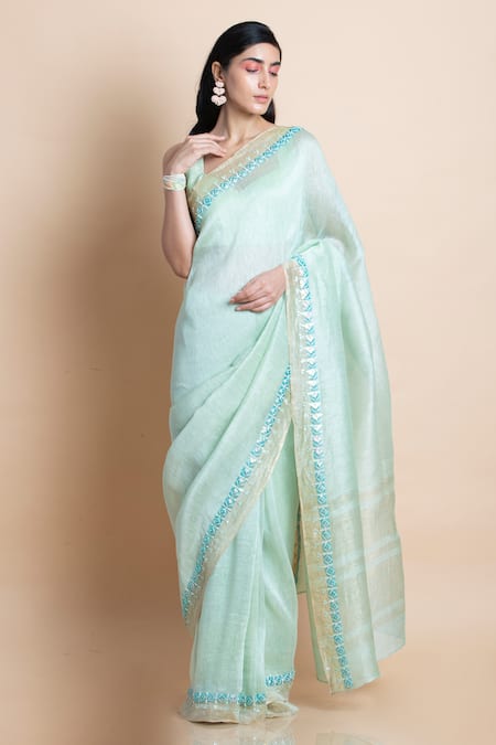 Buy Saksham & Neharicka Green Handwoven Linen Silk Saree Online at Aza Fashions Buy_Saksham & Neharicka_Green Handwoven Linen Silk Saree _Online_at_Aza_Fashions