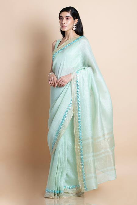 Saksham & Neharicka Green Handwoven Linen Silk Saree Online at Aza Fashions Saksham & Neharicka_Green Handwoven Linen Silk Saree _Online_at_Aza_Fashions
