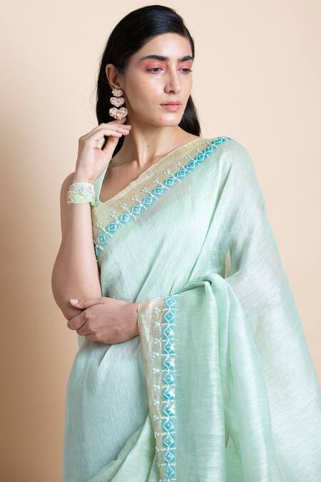Shop Saksham & Neharicka Green Handwoven Linen Silk Saree Online at Aza Fashions Shop_Saksham & Neharicka_Green Handwoven Linen Silk Saree _Online_at_Aza_Fashions