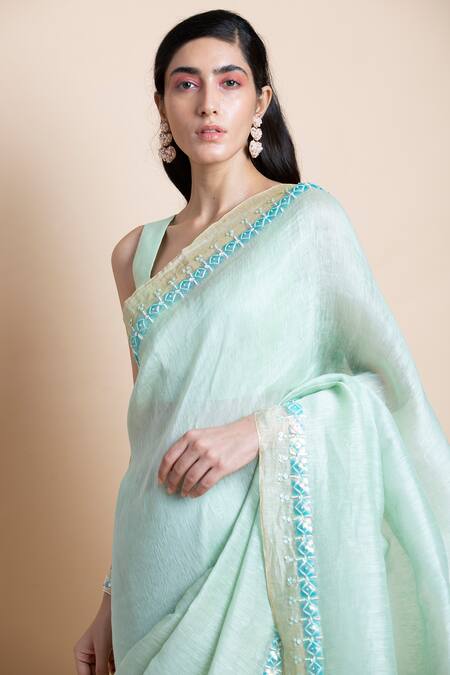 Saksham & Neharicka Green Handwoven Linen Silk Saree at Aza Fashions Saksham & Neharicka_Green Handwoven Linen Silk Saree _at_Aza_Fashions