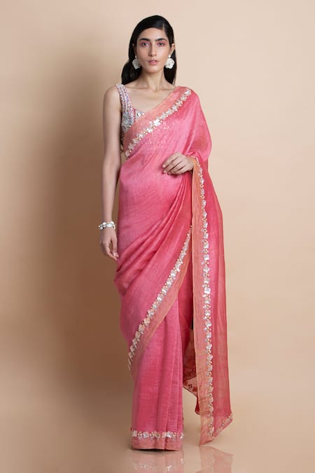 Shop_Saksham & Neharicka_Pink Handwoven Linen Silk Saree _Online_at_Aza_Fashions
