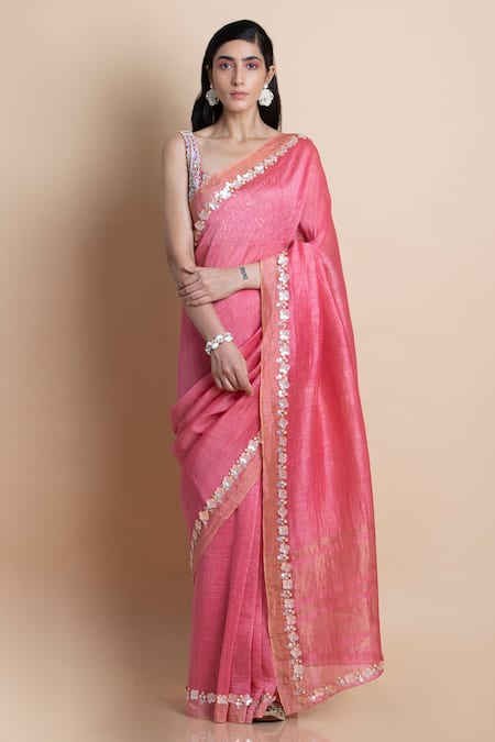 Buy_Saksham & Neharicka_Pink Handwoven Linen Silk Saree _Online_at_Aza_Fashions