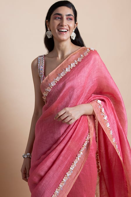 SAKSHAM & NEHARICKA Pink Handwoven Linen Silk Saree 