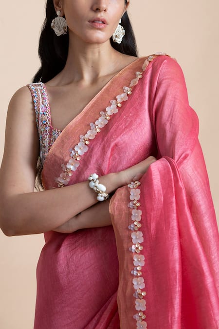 Saksham & Neharicka_Pink Handwoven Linen Silk Saree _at_Aza_Fashions