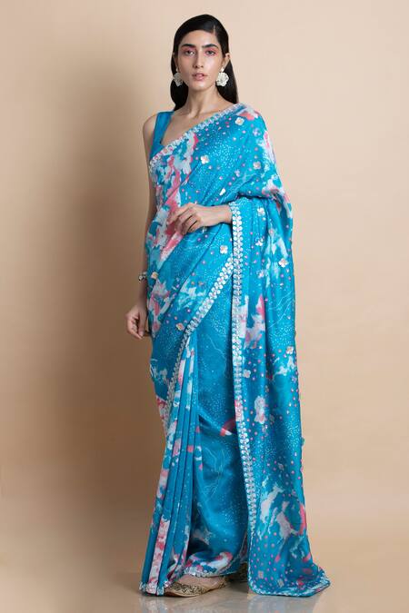 Saksham & Neharicka Blue Chanderi Printed Saree Online at Aza Fashions Saksham & Neharicka_Blue Chanderi Printed Saree _Online_at_Aza_Fashions