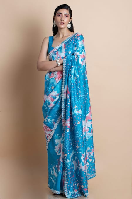 SAKSHAM & NEHARICKA Blue Chanderi Printed Saree 