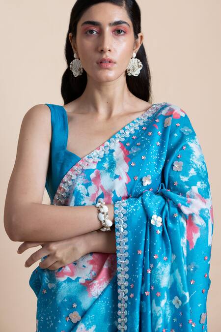 Buy Saksham & Neharicka Blue Chanderi Printed Saree Online at Aza Fashions Buy_Saksham & Neharicka_Blue Chanderi Printed Saree _Online_at_Aza_Fashions