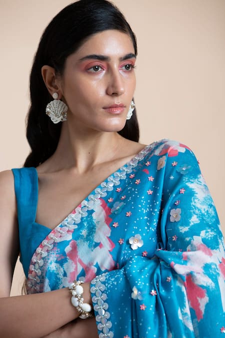Shop Saksham & Neharicka Blue Chanderi Printed Saree Online at Aza Fashions Shop_Saksham & Neharicka_Blue Chanderi Printed Saree _Online_at_Aza_Fashions