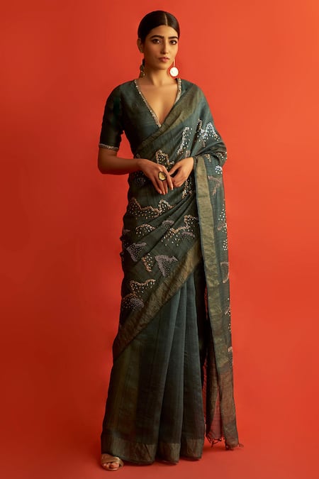 Saksham & Neharicka Green Handwoven Tussar Silk Bead Work, Gota Saree Online at Aza Fashions Saksham & Neharicka_Green Handwoven Tussar Silk Bead Work, Gota Saree _Online_at_Aza_Fashions