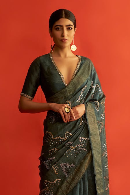 Buy Saksham & Neharicka Green Handwoven Tussar Silk Bead Work, Gota Saree Online at Aza Fashions Buy_Saksham & Neharicka_Green Handwoven Tussar Silk Bead Work, Gota Saree _Online_at_Aza_Fashions