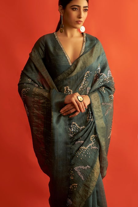 Shop Saksham & Neharicka Green Handwoven Tussar Silk Bead Work, Gota Saree Online at Aza Fashions Shop_Saksham & Neharicka_Green Handwoven Tussar Silk Bead Work, Gota Saree _Online_at_Aza_Fashions