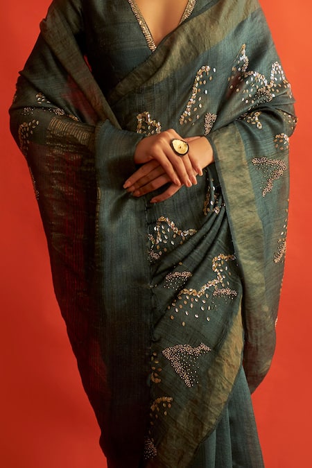 Saksham & Neharicka Green Handwoven Tussar Silk Bead Work, Gota Saree at Aza Fashions Saksham & Neharicka_Green Handwoven Tussar Silk Bead Work, Gota Saree _at_Aza_Fashions