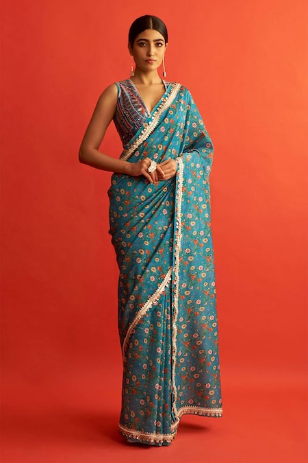 SAKSHAM & NEHARICKA Blue Handwoven Chanderi Saree 