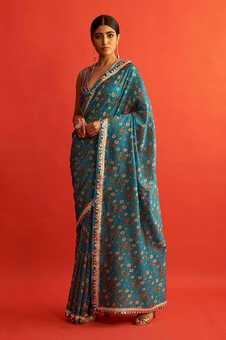 Saksham & Neharicka Blue Handwoven Chanderi Saree Online at Aza Fashions Saksham & Neharicka_Blue Handwoven Chanderi Saree _Online_at_Aza_Fashions