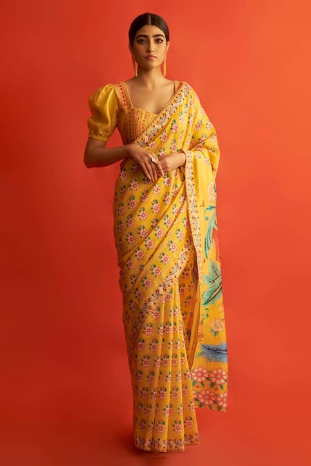 Saksham & Neharicka Yellow Handwoven Chanderi Saree Online at Aza Fashions Saksham & Neharicka_Yellow Handwoven Chanderi Saree _Online_at_Aza_Fashions