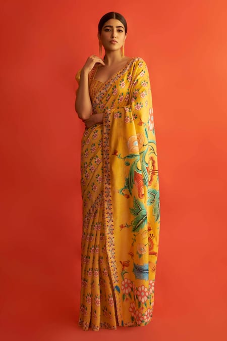 Buy yellow banarasi chanderi saree on Karagiri | FLAT 60% OFF