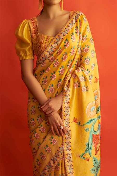 Shop Saksham & Neharicka Yellow Handwoven Chanderi Saree Online at Aza Fashions Shop_Saksham & Neharicka_Yellow Handwoven Chanderi Saree _Online_at_Aza_Fashions