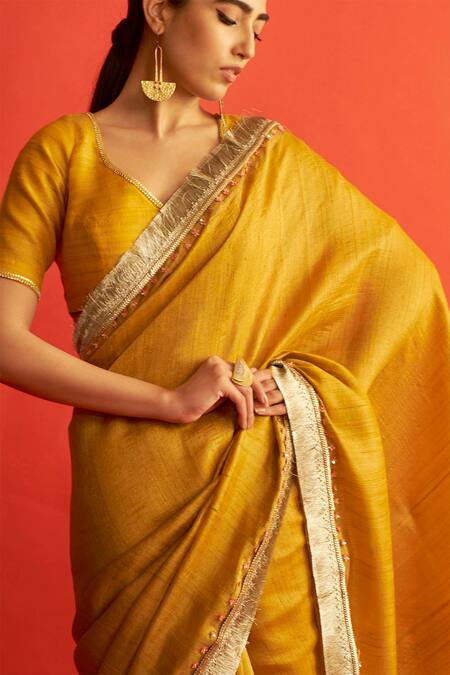 Saksham & Neharicka_Yellow Handwoven Tussar Silk Saree_Online_at_Aza_Fashions