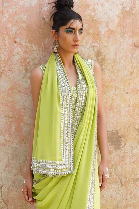 Saksham & Neharicka_Green Georgette Hand Embroidered Saree _Online_at_Aza_Fashions