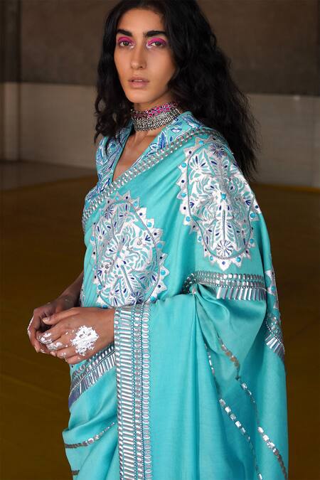 Saksham & Neharicka_Blue Handwoven Chanderi Embroidered Saree _Online_at_Aza_Fashions
