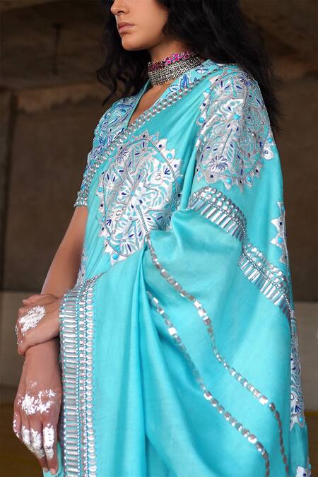 Buy_Saksham & Neharicka_Blue Handwoven Chanderi Embroidered Saree _Online_at_Aza_Fashions