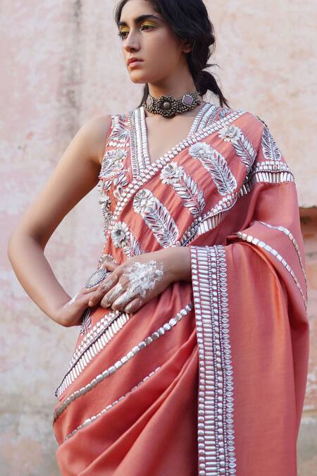 Saksham & Neharicka_Peach Handwoven Chanderi Embroidered Saree _Online_at_Aza_Fashions