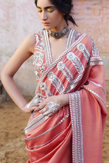 Buy_Saksham & Neharicka_Peach Handwoven Chanderi Embroidered Saree _Online_at_Aza_Fashions