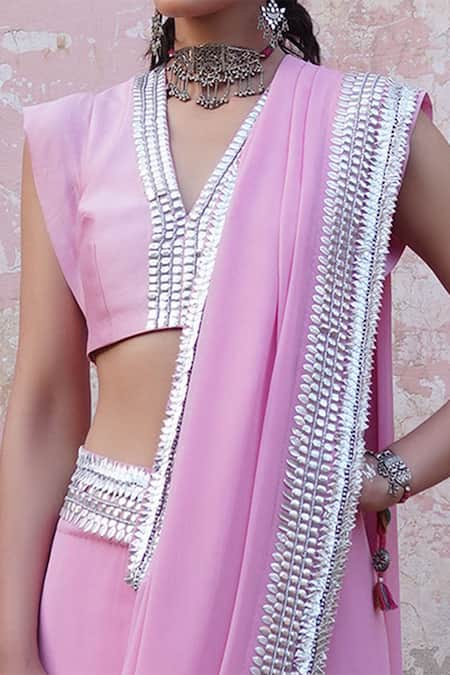 Buy_Saksham & Neharicka_Pink Georgette Hand Embroidered Saree _Online_at_Aza_Fashions