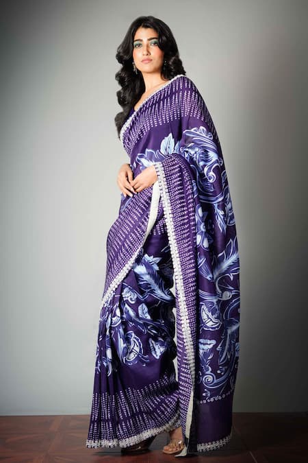 Buy_Saksham & Neharicka_Blue Chanderi Saree With Blouse Fabric_Online_at_Aza_Fashions