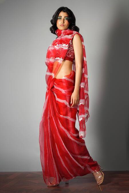 Buy_Saksham & Neharicka_Red Silk Organza Saree With Blouse Fabric_Online_at_Aza_Fashions