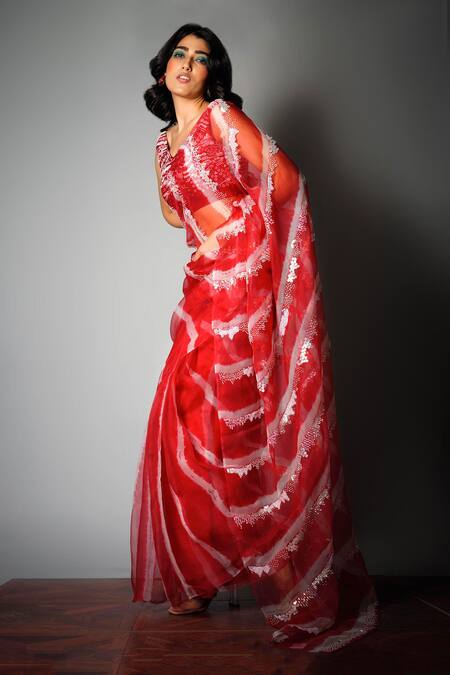 Shop_Saksham & Neharicka_Red Silk Organza Saree With Blouse Fabric_Online_at_Aza_Fashions