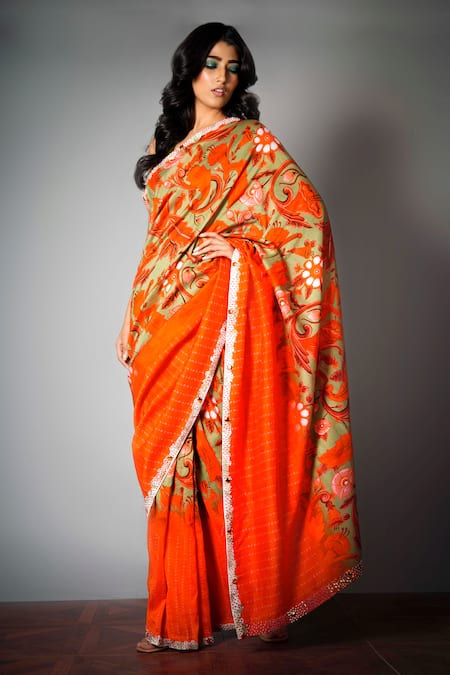 Saksham & Neharicka_Red Chanderi Printed Saree With Blouse Fabric_Online_at_Aza_Fashions