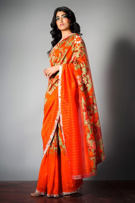 Buy_Saksham & Neharicka_Red Chanderi Printed Saree With Blouse Fabric_Online_at_Aza_Fashions