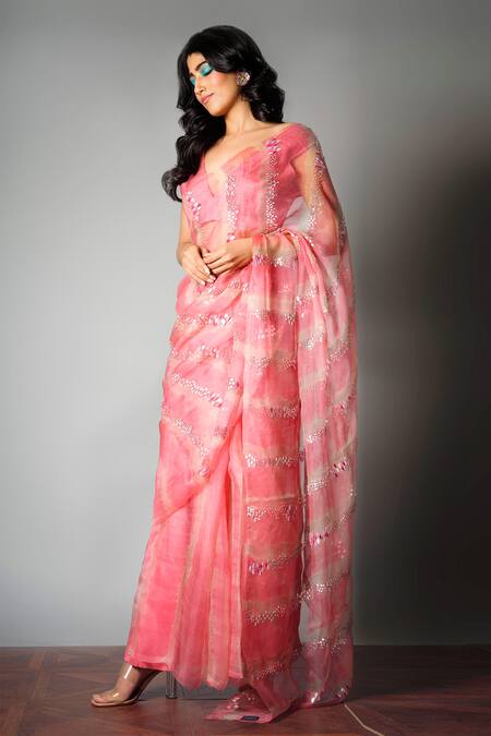 Saksham & Neharicka Pink Silk Organza Saree With Blouse Fabric Online at Aza Fashions Saksham & Neharicka_Pink Silk Organza Saree With Blouse Fabric_Online_at_Aza_Fashions